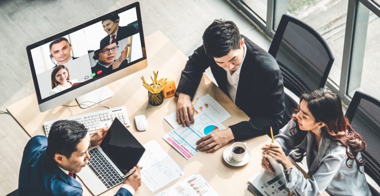 Video call group business people meeting on virtual workplace or